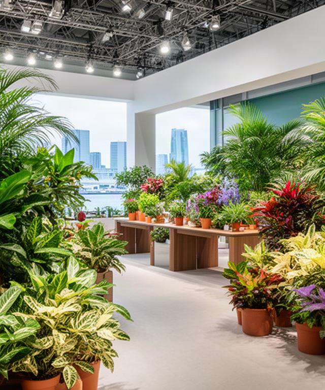 東京湾岸の植物展示会場で色鮮やかな観葉植物が並ぶ出展ブース