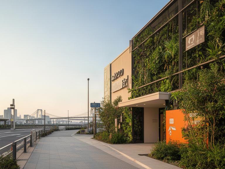東京湾岸道路沿いの植物展示会場と最寄り駅から続く歩道
