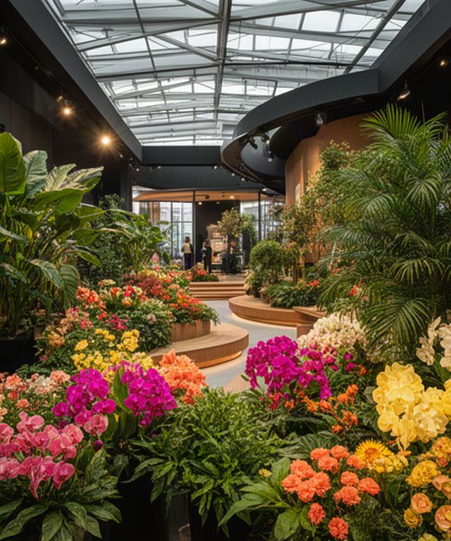 東京湾岸の植物展示会場で色鮮やかな花々と大きな観葉植物が並ぶ様子