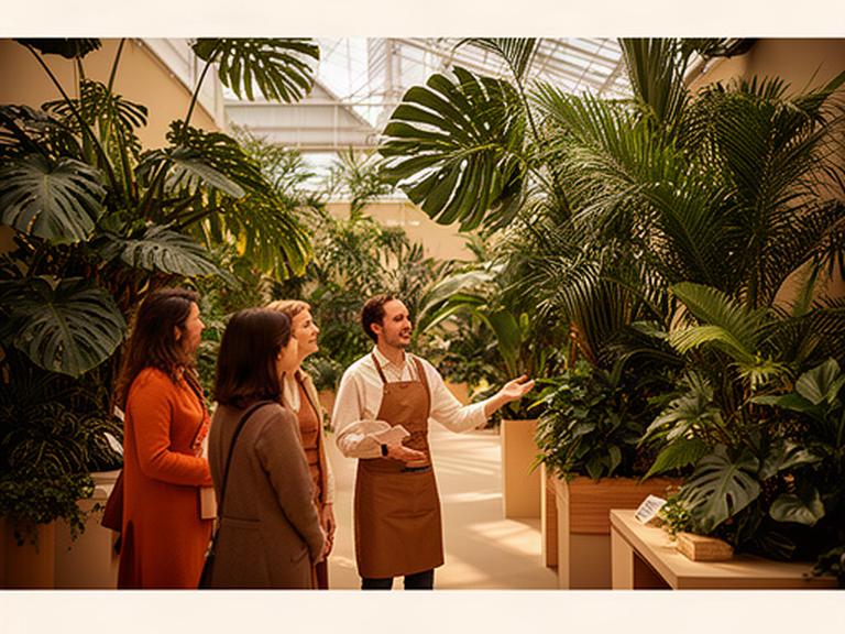 大きな観葉植物が並ぶ展示会場で案内を受ける来場者