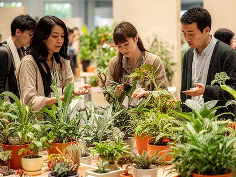 東京の植物展示会で園芸愛好者が珍しい観葉植物を見学する様子