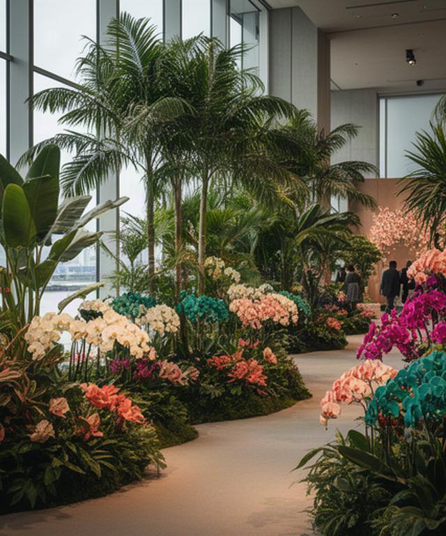 東京湾岸の展示会場で色鮮やかな熱帯植物が並ぶ春の植物祭