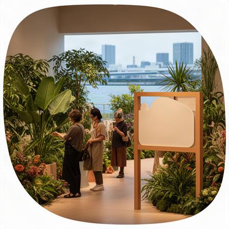 東京湾岸の植物展示会場で観葉植物を見学する来場者と木製案内板