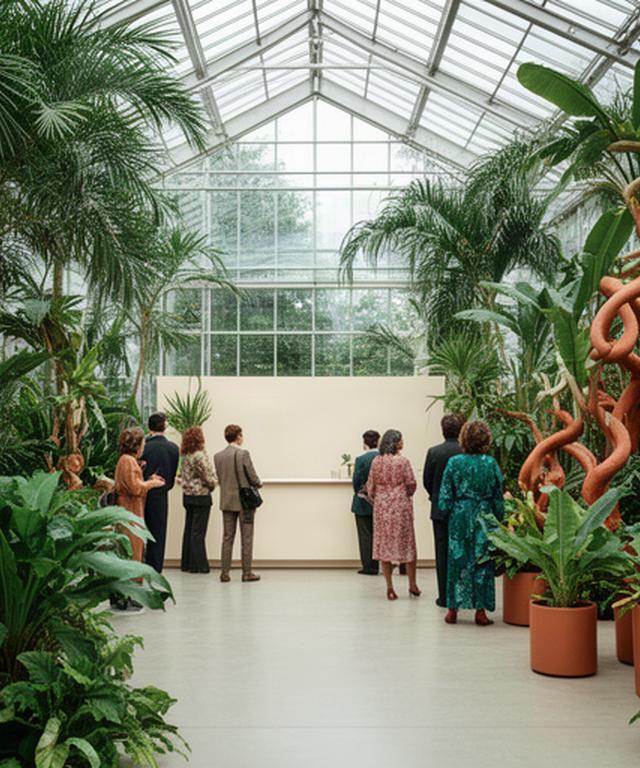 温室内の色鮮やかな植物展示と入場受付を待つ来場者