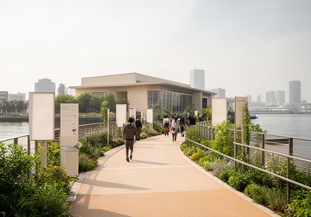 東京テレポート駅から植物展示会場へ向かう湾岸エリアの歩道と案内標識